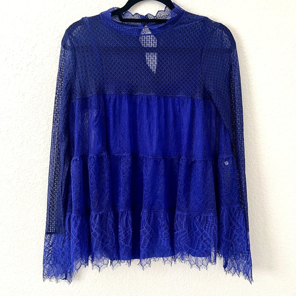 All Saints Cobalt Lace Tiered Long-Sleeve Blouse